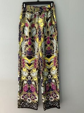Zara Boho Printed Palazzo Pants Wide Leg Sz XS Elastic Waist w Drawstring EUC